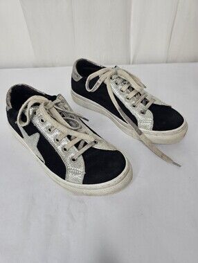 Dylan Skye Black Suede & Silver Glitter Star Sneakers Grunge Size 37